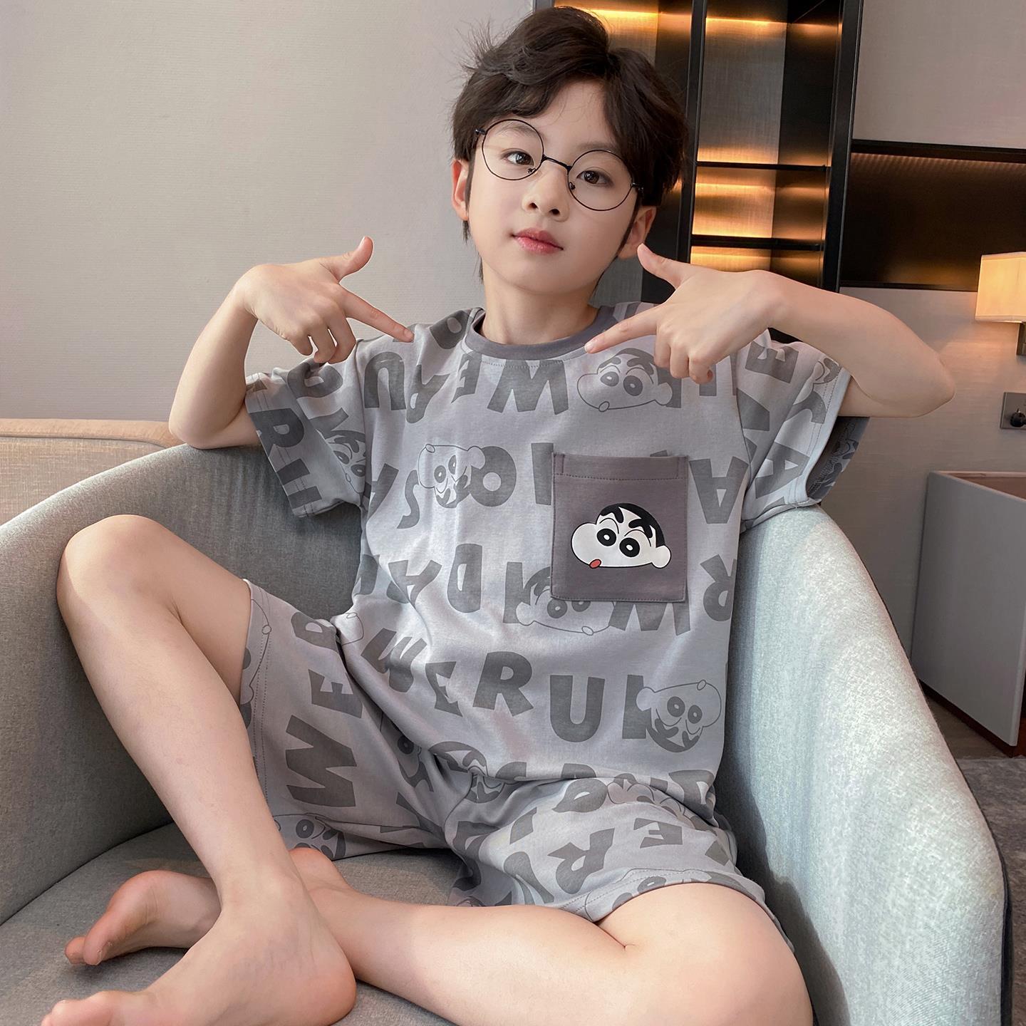 Cotton Boy's Pajamas Children's Summer Thin Short-sleeved Suit Big Boy's 12-year-old Boy's Cartoon Summer Home Clothes