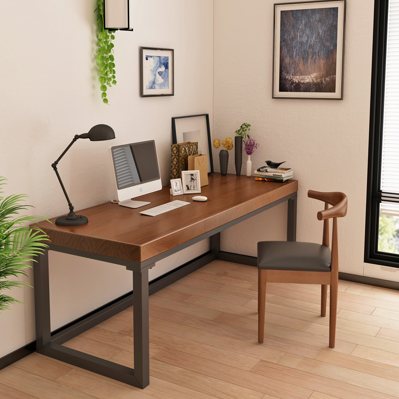 Household Wrought Iron Solid Wood Computer Desk Bedroom Study Writing Desk Company Studio Single Office Desk and Chair