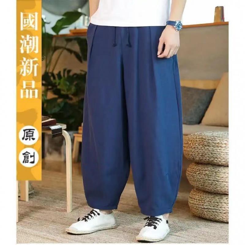 Pantalones casuales de lino de primavera y otoño para hombres, estilo chino suelto, talla grande, pantalones anchos gordos, pantalones de entrepierna grande, pantalones Harlan de linterna