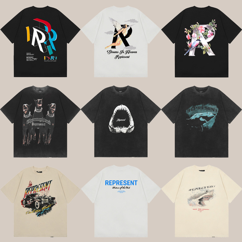 represent Short-sleeved Men's Shark Design Washed Old Retro European and American Fashion Brand Half-sleeved Summer Top T-shirt