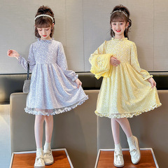 女童公主裙套裝秋季2023新款兒童洋氣連衣裙小女孩針織毛衣碎花裙