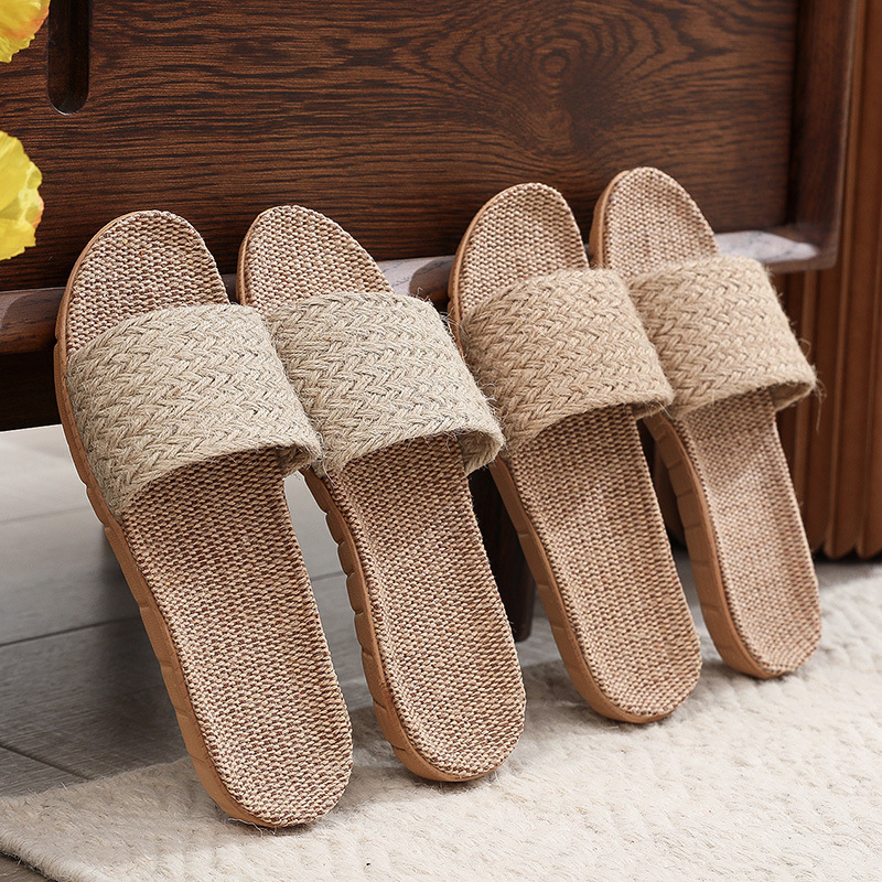 Summer linen slippers, woven home indoor couple's sandals, breathable, non-slip, sweat-absorbent, suitable for wooden floors, cotton-linen straw shoes Summer linen slippers, woven home indoor couple's sandals, breathable, non-slip, sweat-absorbent, suitable for wooden floors, cotton-linen straw shoes