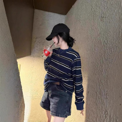 小个子藏蓝色条纹圆领无帽卫衣女早秋季美式慵懒chic宽松短款上衣