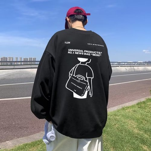 Men's Hong Kong Style Sweatshirt, Ins Trendy Brand Loose Casual Sweatshirt for Boys, Winter Warm Fleece Jacket, Youth Round Neck Capless Top