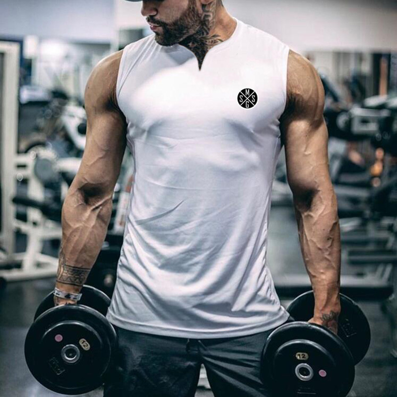 Moda europea y americana pequeño cuello en V chaleco deportivo hombres verano culturismo fitness camiseta sin mangas correr entrenamiento apretado superior algodón image 5