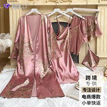 工厂印花小樱桃薄款睡袍吊带短裤吊带裙睡衣女家居服简约四件套