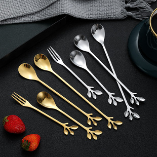 Stainless steel leaf spoon creative leaf coffee spoon long handle honey mixing spoon bird's nest spoon dessert fruit fork wholesale