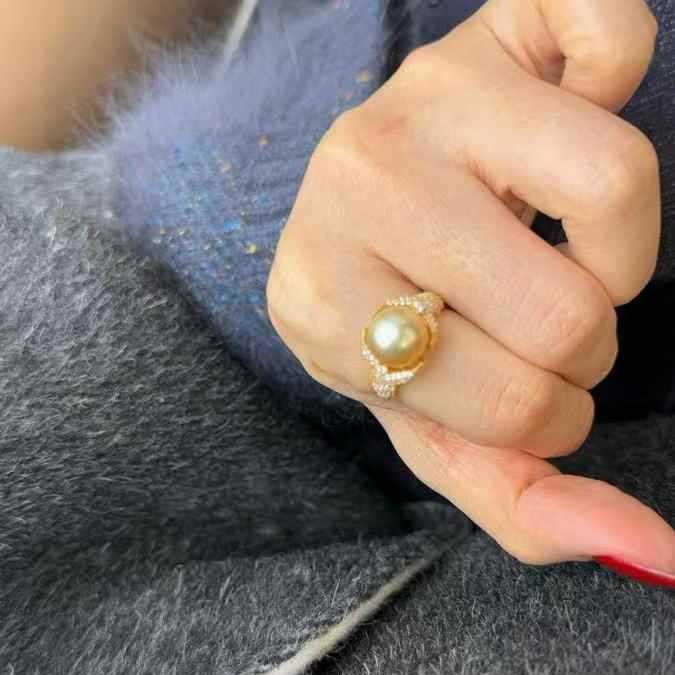 극지 오로라 10-11MM 해수 난양 금 구슬 자연색 천연 진주 마이크로 플로 조커 진주 반지