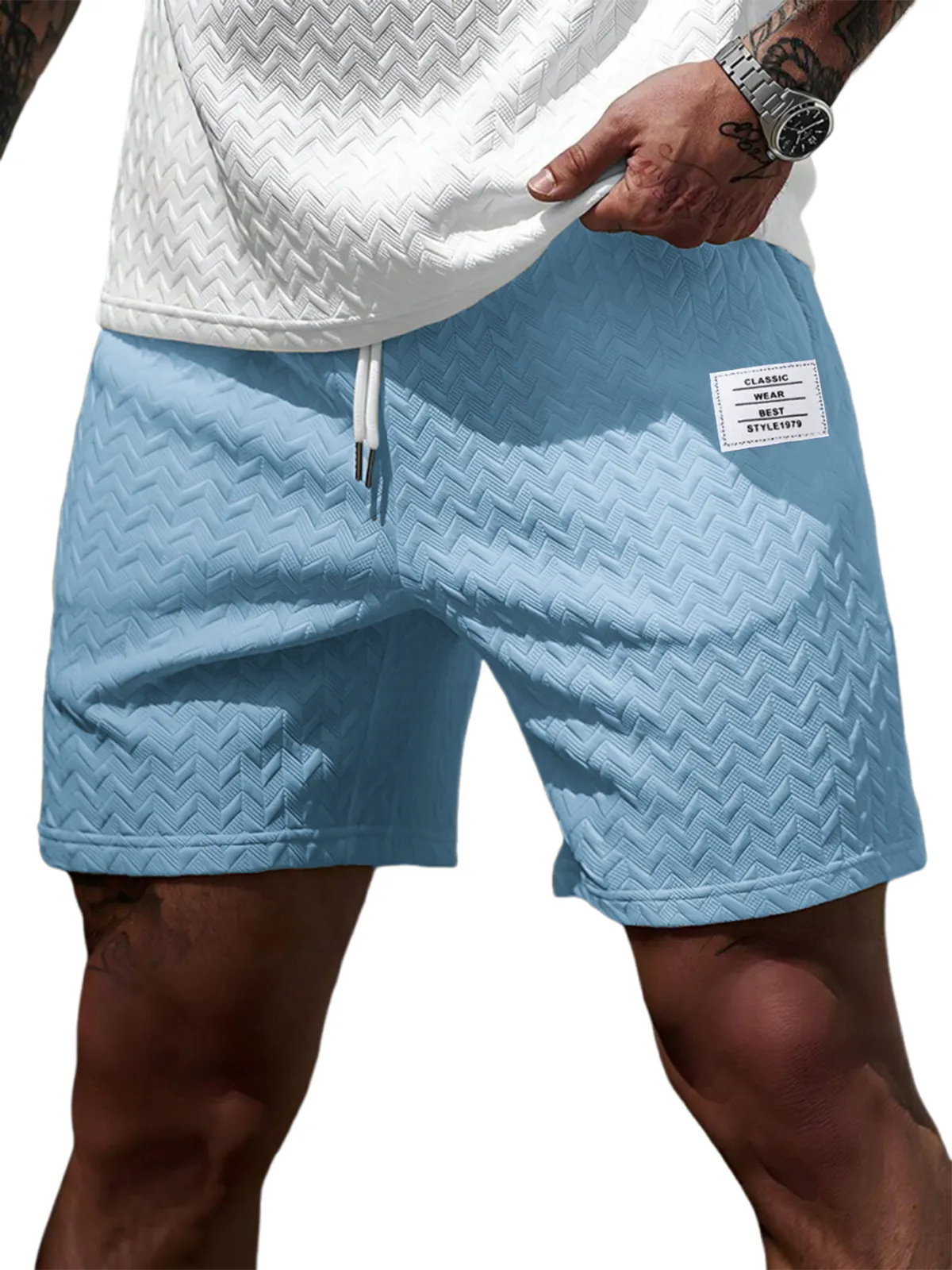 Short d'été décontracté pour homme, coupe ample, couleur unie, tissu jacquard, cordon de serrage, style plage, pour occasions formelles et décontractées._voghion.com