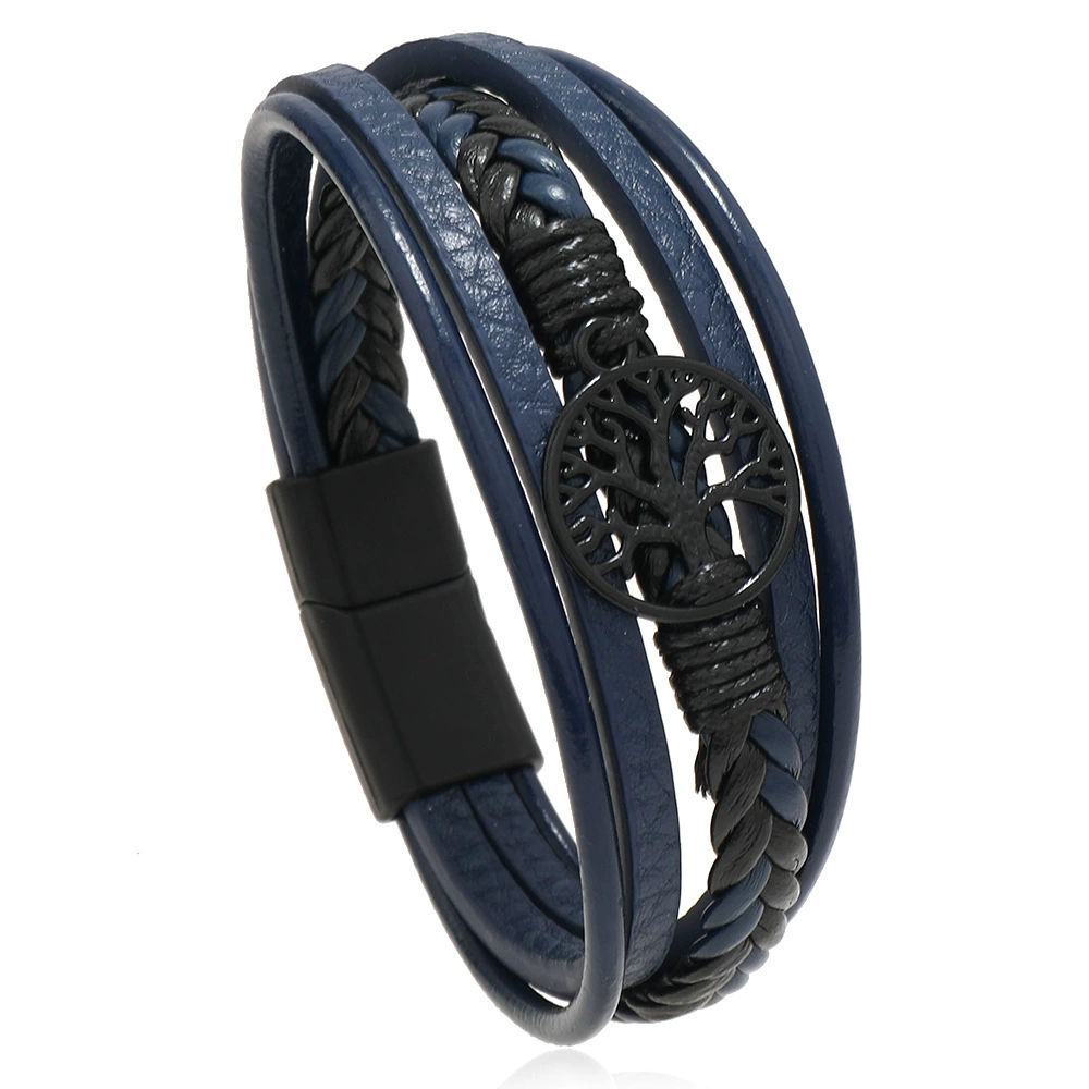 Men's PU Leather Bracelet RH360, Multi-Layer Beaded & Alloy Accents, 21.5 cm