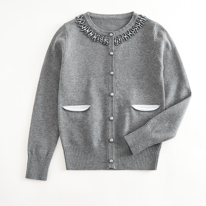 Cross-border preppy style knitted cardigan for women, new spring and autumn arrival, beaded round neck, cardigan for toddlers and preschoolers, unique solid color sweater coat.