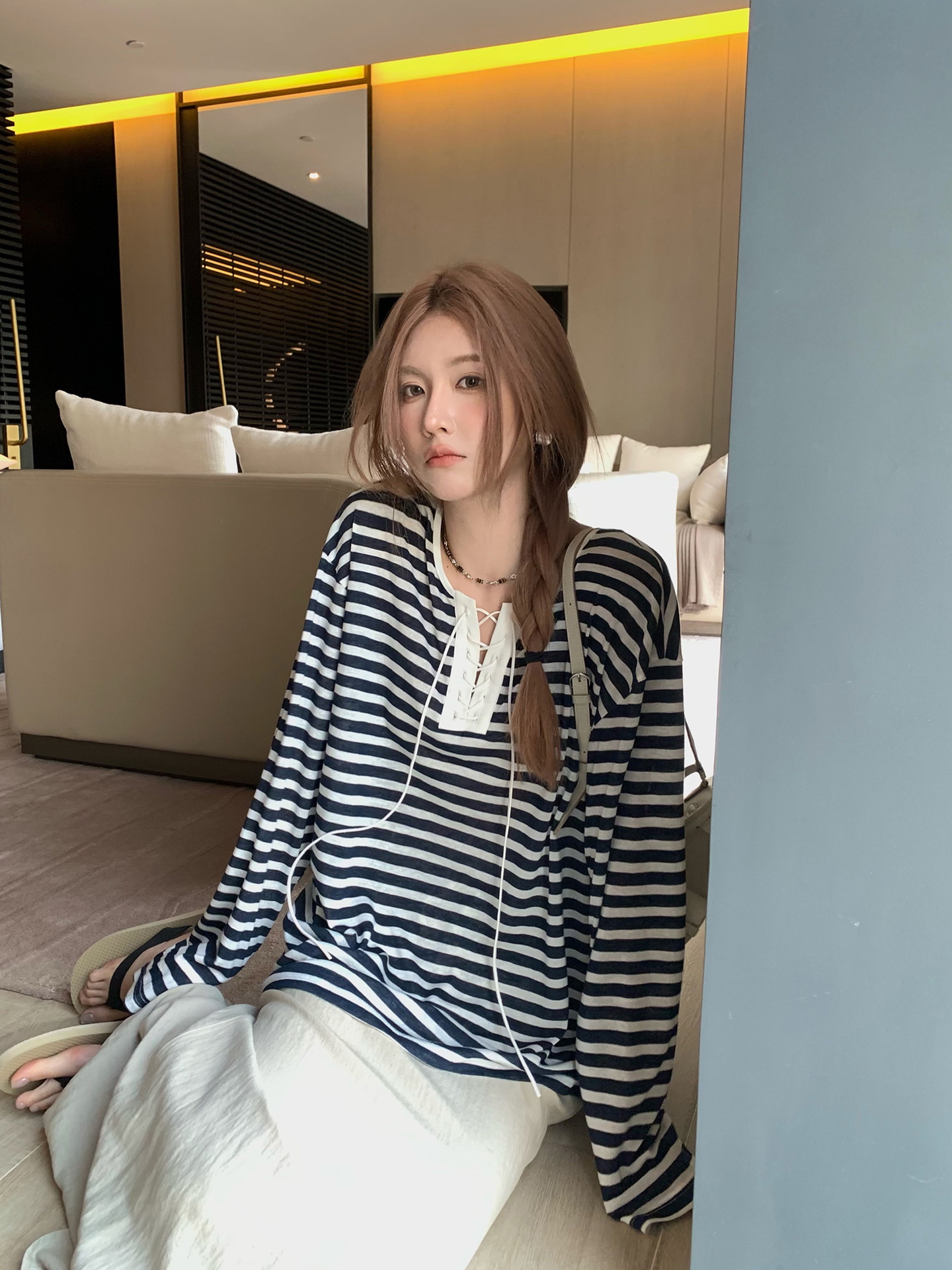 텐셀 [인트리드 스트라이프] 리오셀 텐셀 스트라이프 긴팔 티셔츠 여성 중간 길이 라운드넥 자외선 차단 블라우스,