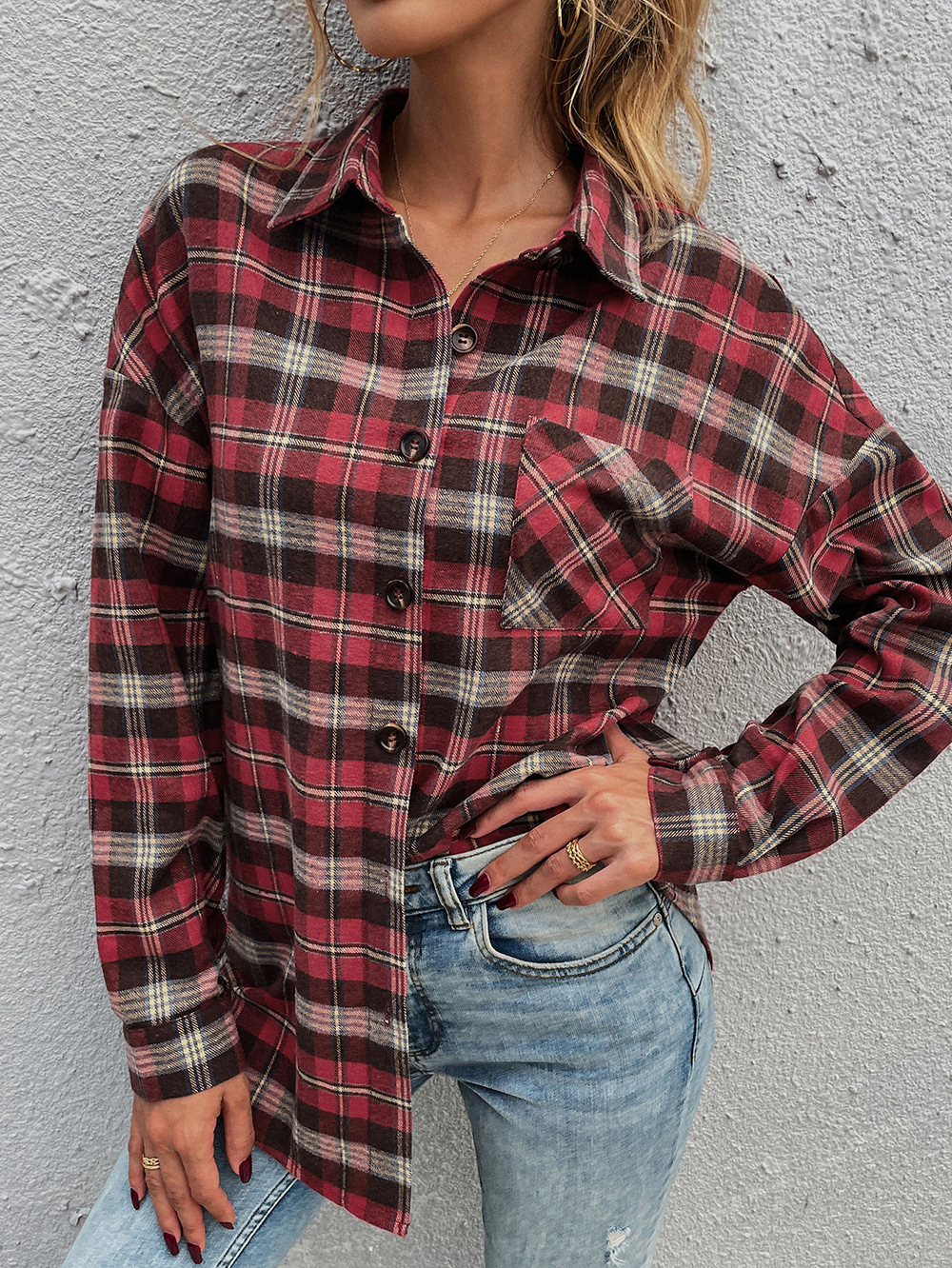 women s red plaid lapel single-breasted long-sleeved shirt nihaostyles clothing wholesale NSDF73707