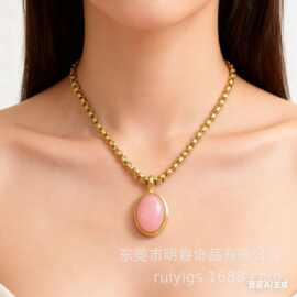 原创24K金色不锈钢蛋圆形天然宝石项链时尚优雅男女配饰热销货源