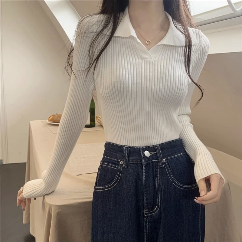 纯欲风POLO领针织衫女春秋季上衣外穿显瘦辣妹毛衣百搭软糯打底衫|undefined