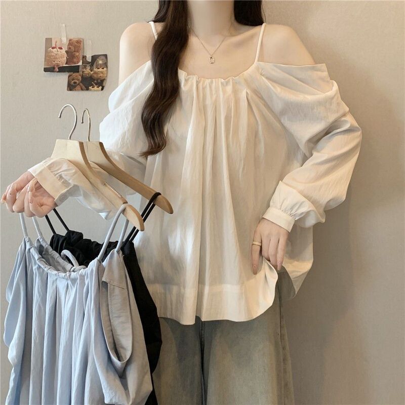 大码抽绳吊带一字肩长袖衬衫女秋季新款胖mm时尚气质减龄百搭上衣|undefined