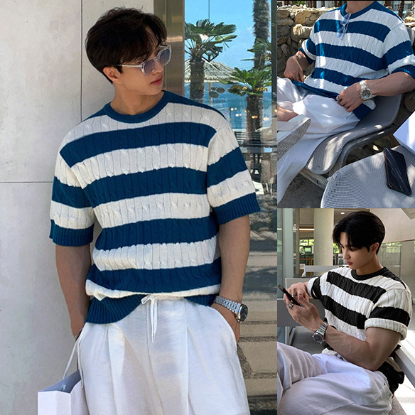Camiseta de punto camiseta de manga corta hombre delgada seda de hielo transpirable rayas de verano de alto nivel viejo viento de dinero fábrica transfronteriza al por mayor