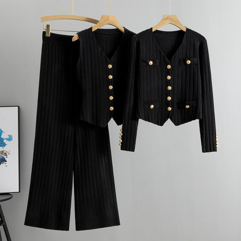Dreiteiliges Set bestehend aus schmal geschnittener Hose mit weitem Bein und Pullover, Damen-Strickjacke mit neuer Weste_voghion.com