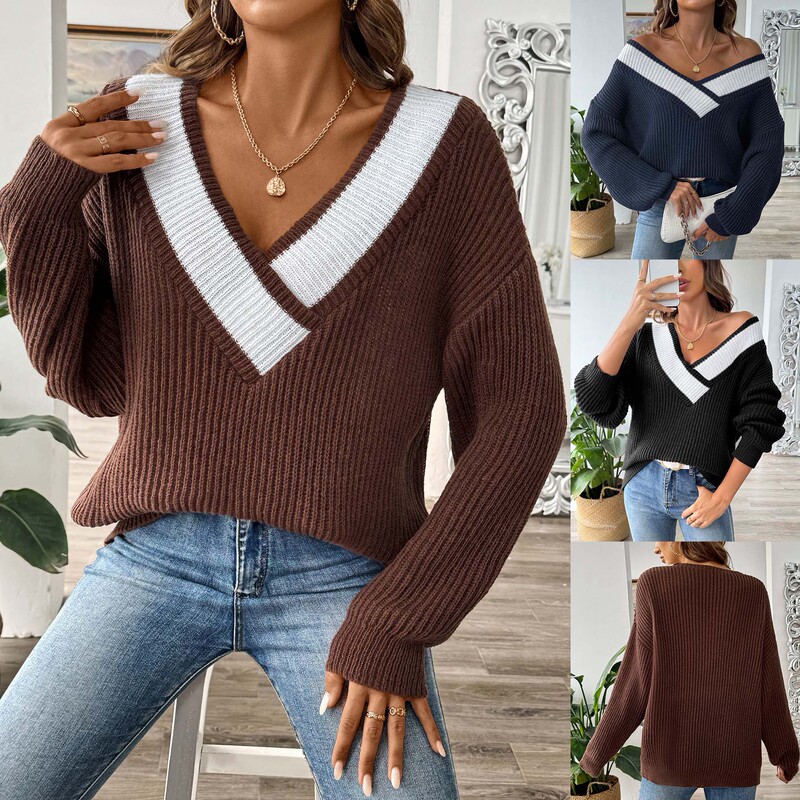 Autumn and Winter Export Sweaters Cross-Border European and American Clothing Contrasting Color Stitching Large V Neck Loose Woven Sweaters Pullover Sweaters 692