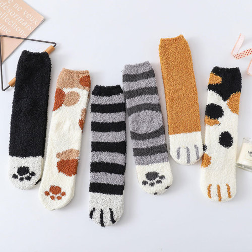 Autumn and winter warm and thick cat paw print coral velvet socks women's towel floor socks mid-calf cat paw sleep socks wholesale
