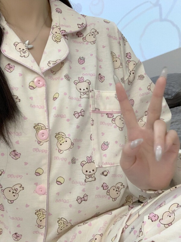 Ins日本式リラックマパジャマ女性春と秋の純綿長袖長ズボンが可愛いです。|undefined