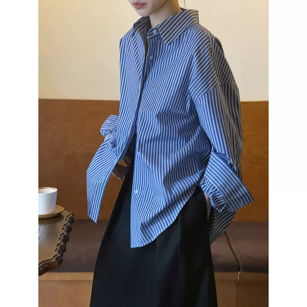 言双 法式复古条纹衬衫女 秋季新款宽松长袖设计感小众衬衣3188