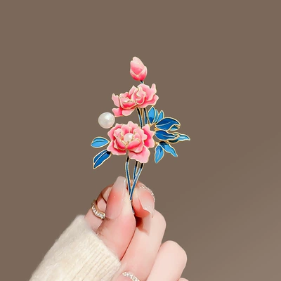 New Chinese Style Elegant Peony Flower Brooch Women's High-end Elegant Enamel Corsage Coat Cheongsam Hanfu Accessories Pin (Yaxa sancaqları) - pink