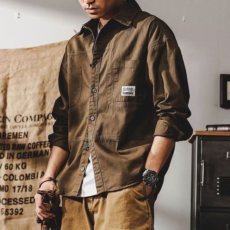 Work Shirt Men's Long-Sleeved Autum Handsome Japanese Style Hong Kong Style Washed Trendyy Brand Trendyy Casual Jacket Boys Spring and Autum Style
