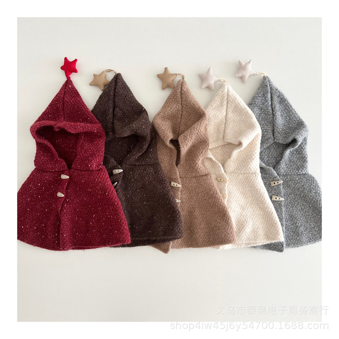 Baby Cute Five-Pointed Star Tie-Dye Retro Horn Button Hat Shawl One-Piece Hat Winter Outdoor Cold-Proof Cloak Hat
