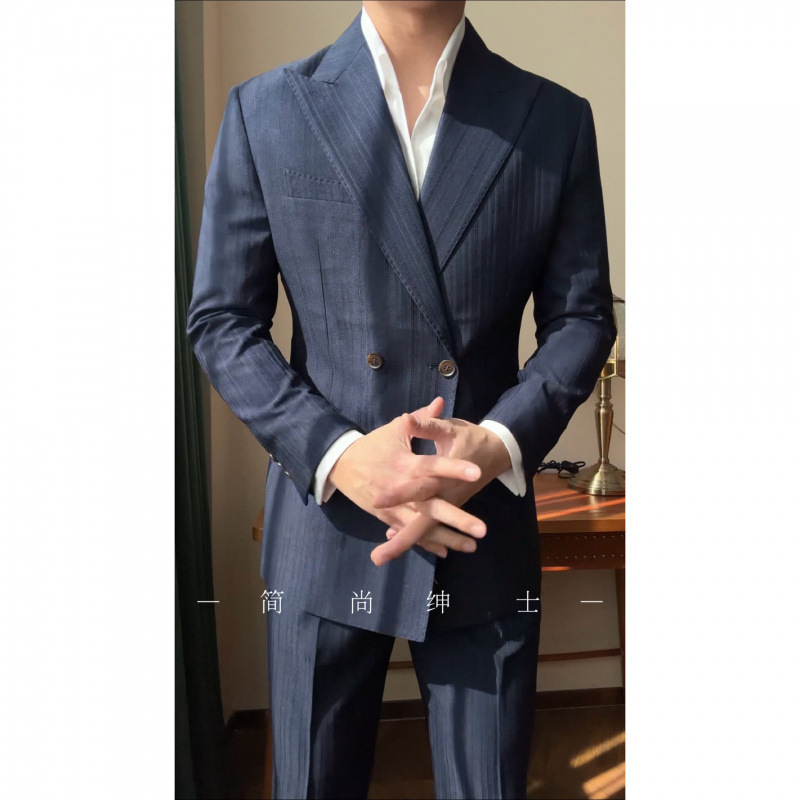春夏季暗纹双排扣西服套装男士戗驳领藏青色商务休闲婚庆西装|undefined