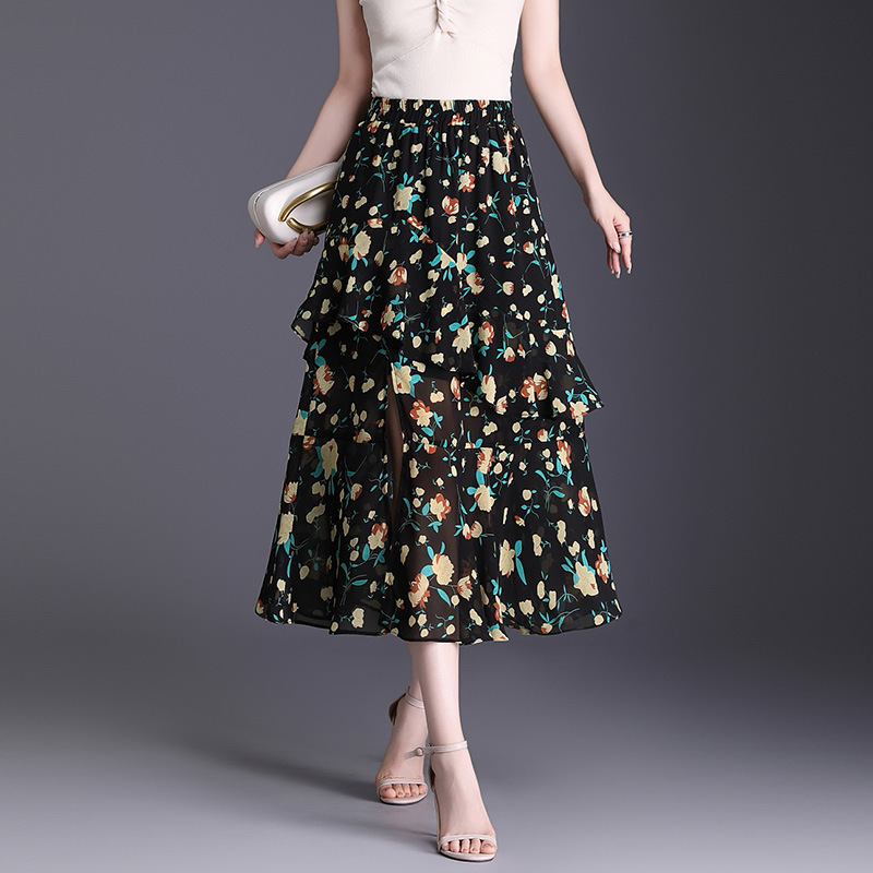Irregular Chiffon Printed Skirt for Women, Summer 2026 New Style, High-Waisted, Drapey, Mid-Length A-Line, Hip-Covering Casual Skirt