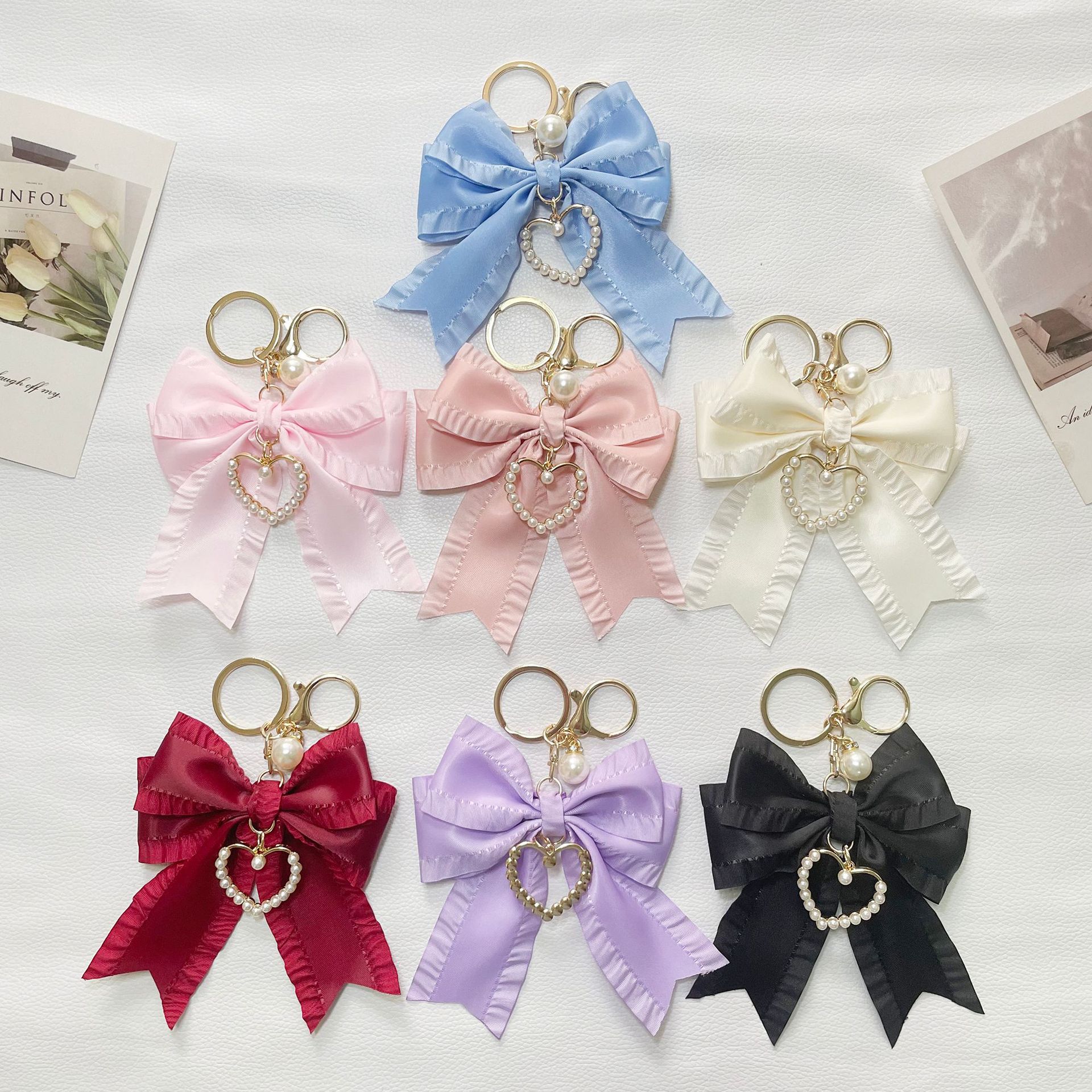 布艺蝴蝶结钥匙扣褶皱丝带蝴蝶结爱心汽车钥匙扣女士包包挂饰批发