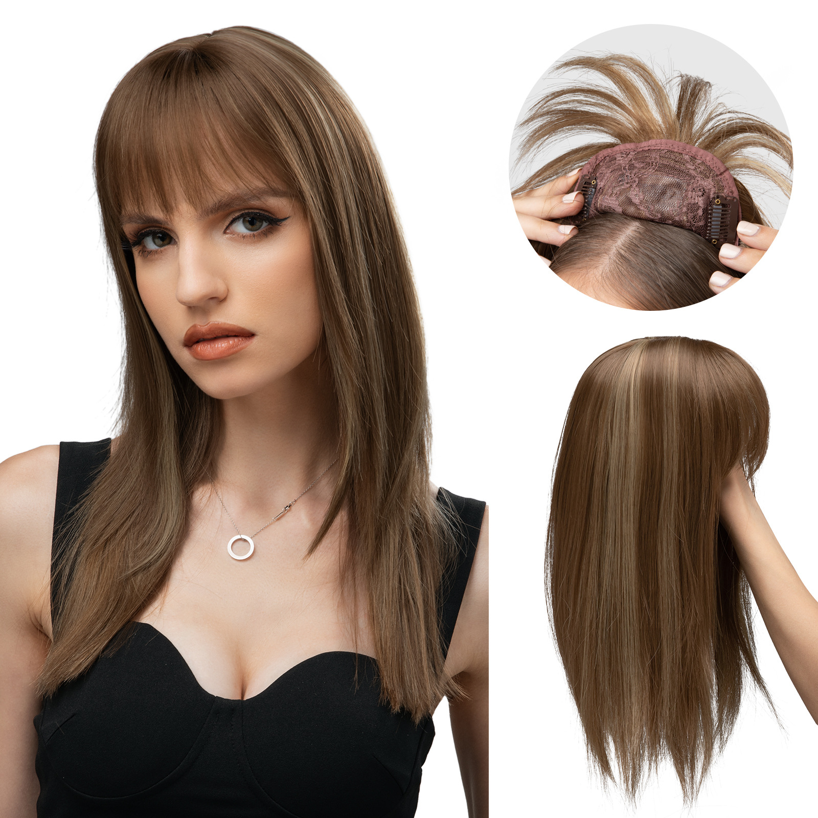 Perruque de cheveux synthétiques, Patch supérieur pour femmes, frange 3D pour un blanchiment naturel, Patch capillaire Invisible_voghion.com