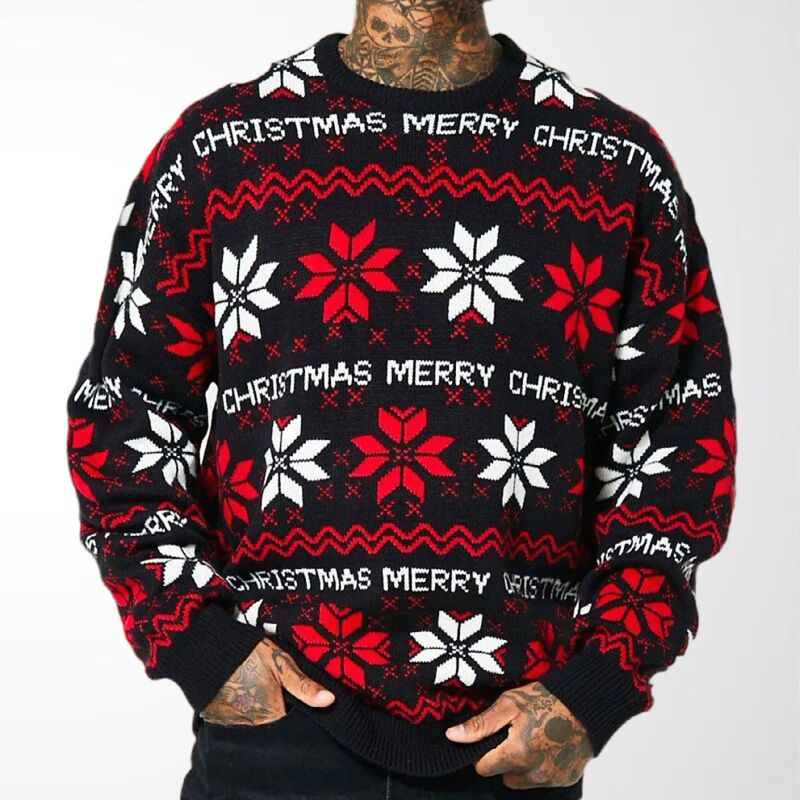 Men's Christmas Sweater Snowflake Letter Jacquard Autumn Winter Holiday Party Knitted Sweater Wholesale Cross-Border Men's Clothing Sy0076