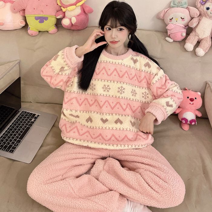 파자마 여자 가을 겨울 코랄 기모 두께 기모 플랜지 가정복 소녀 겨울 귀엽다 외장 세트