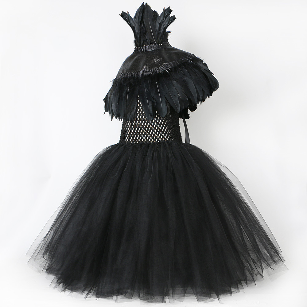 Ropa para niños Vestido de bruja maléfica Capa de plumas Disfraz de Halloween para niños Vestido de malla negro para niña gótica_voghion.com