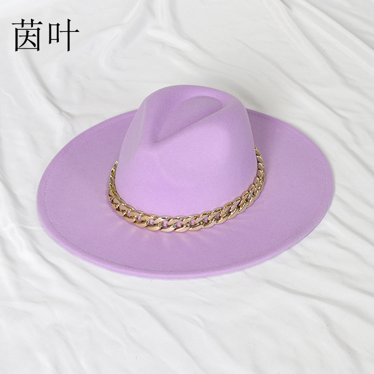 Sombrero de jazz con cadena dorada, sombrero francés vintage de ala ancha en forma de corazón para mujer, sombrero de fieltro oversize.