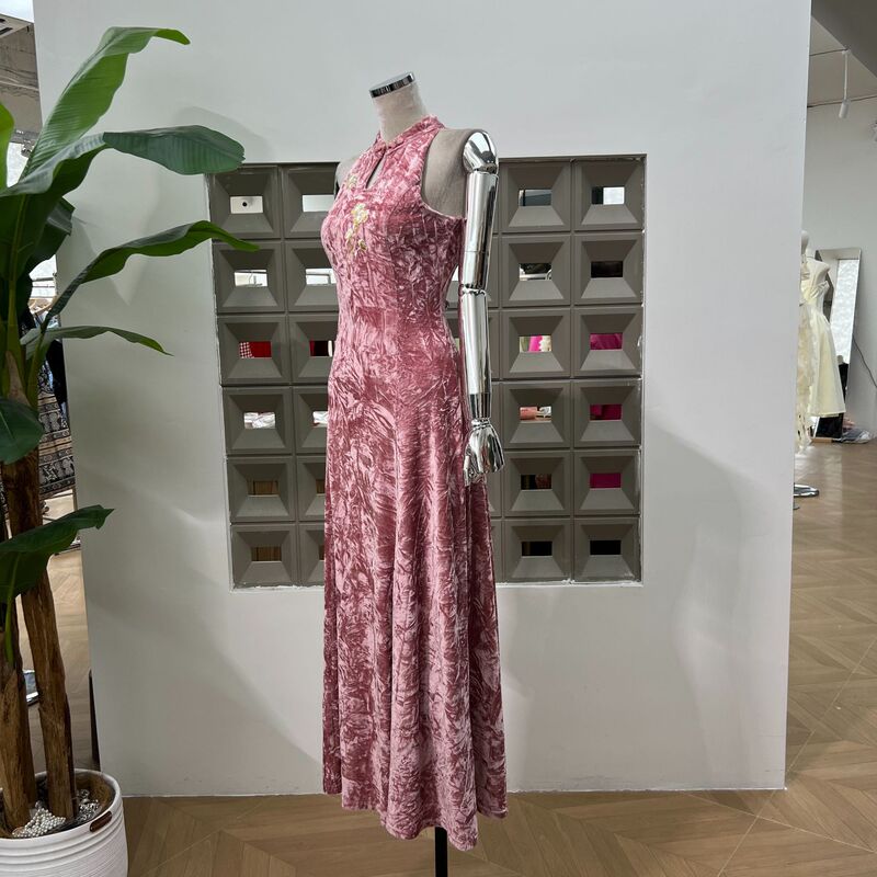 アマゾンレディース2025夏新作ハーフタートルネックノースリーブ刺繍ベルベット新中国風スリムドレスロングドレス|undefined