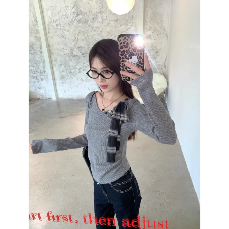 法式高级感灰色一字肩时尚打底衫秋季甜辣露肩蝴蝶结独特别致上衣|undefined