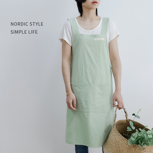 Japanese and Korean Cotton Linen Apron Minimalist Style Wide Shoulder Straps Solid Color Water-Resistant Washable Cotton Home Kitchen Apron for Women Wholesale Apron Waist