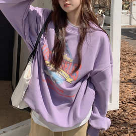 加绒宽松休闲卫衣女秋冬外套古着圆领长袖打底衫上衣外贸韩国女装