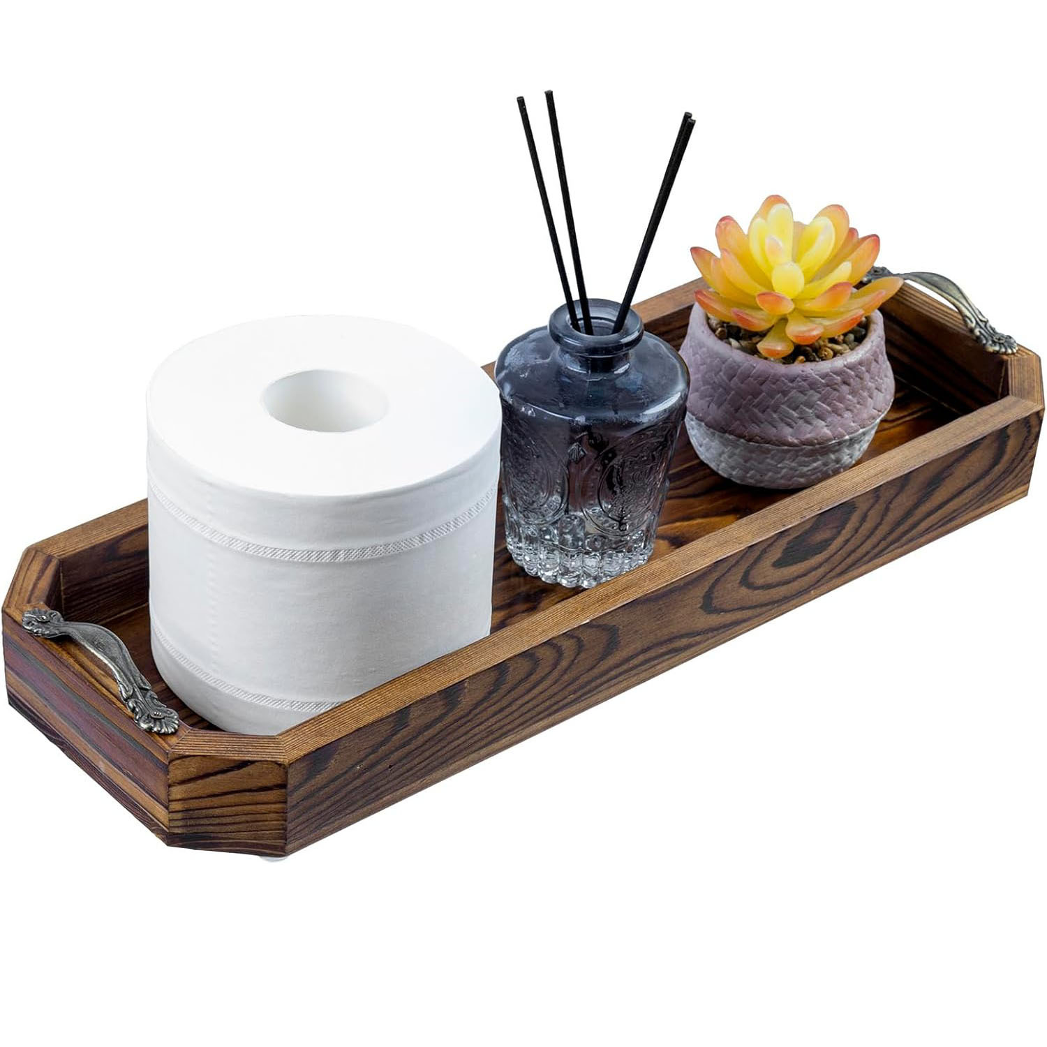Wooden Dressing Table Tray, Rustic Burnt Solid Wood Toilet Tank Decoration, Octagonal Cosmetic Organizer, Multifunctional