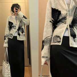 美式复古毛茸茸提花蝴蝶毛衣女设计感小众秋冬双拉链针织开衫外套