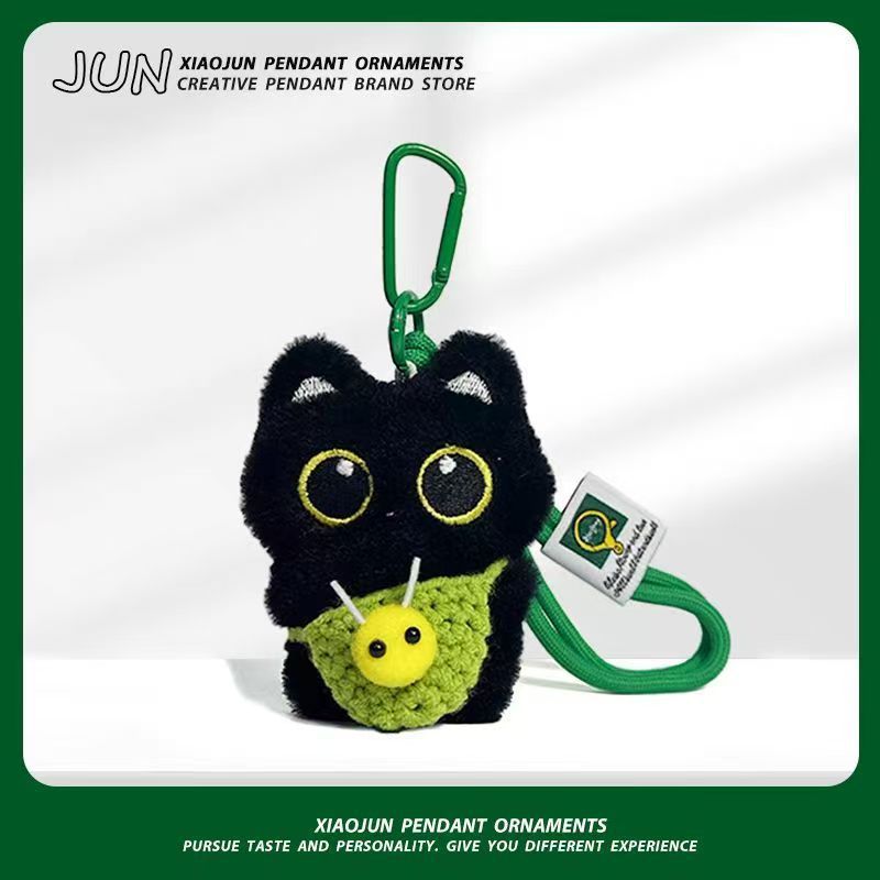 Super lindo pequeño gato negro colgante bolso de abeja tejido a mano colgante lindo muñeca de peluche regalo colgante chirriante
