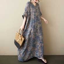2025夏文艺复古V领棉麻印花肩连袖连衣裙女士大码休闲外贸裙