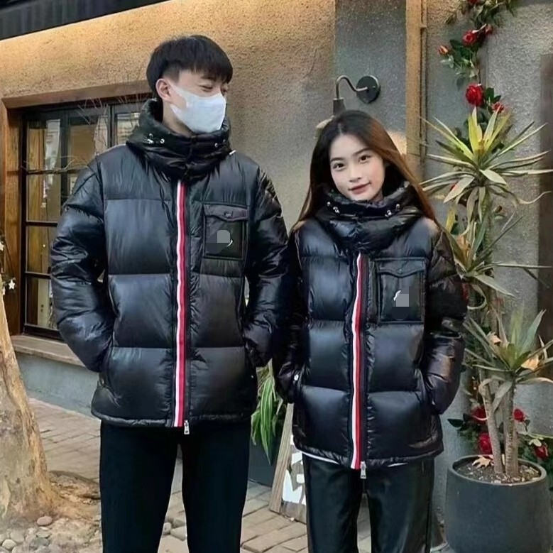 New three-color rainbow stripe double-zipper woven fabric down jacket, unisex, with a hood, warm, and easy to clean