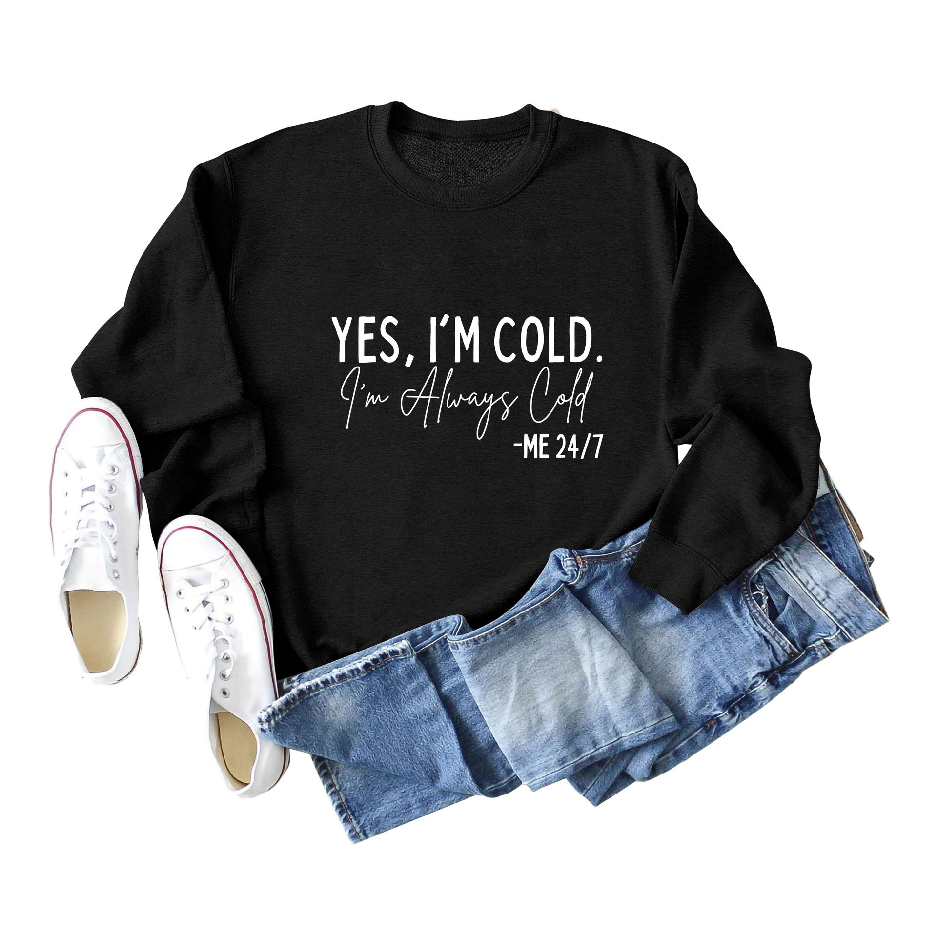 Amazon Transbordador YES I'M COLD I'm Always Cold Suéter con estampado minimalista Cuello redondo Top Mujer