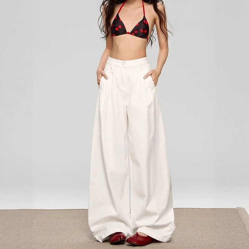American-Style Women's Jeans Ins Trendy White Pleated Design Versatile High-Waisted Slimming Loose Straight Wide-Leg Pants