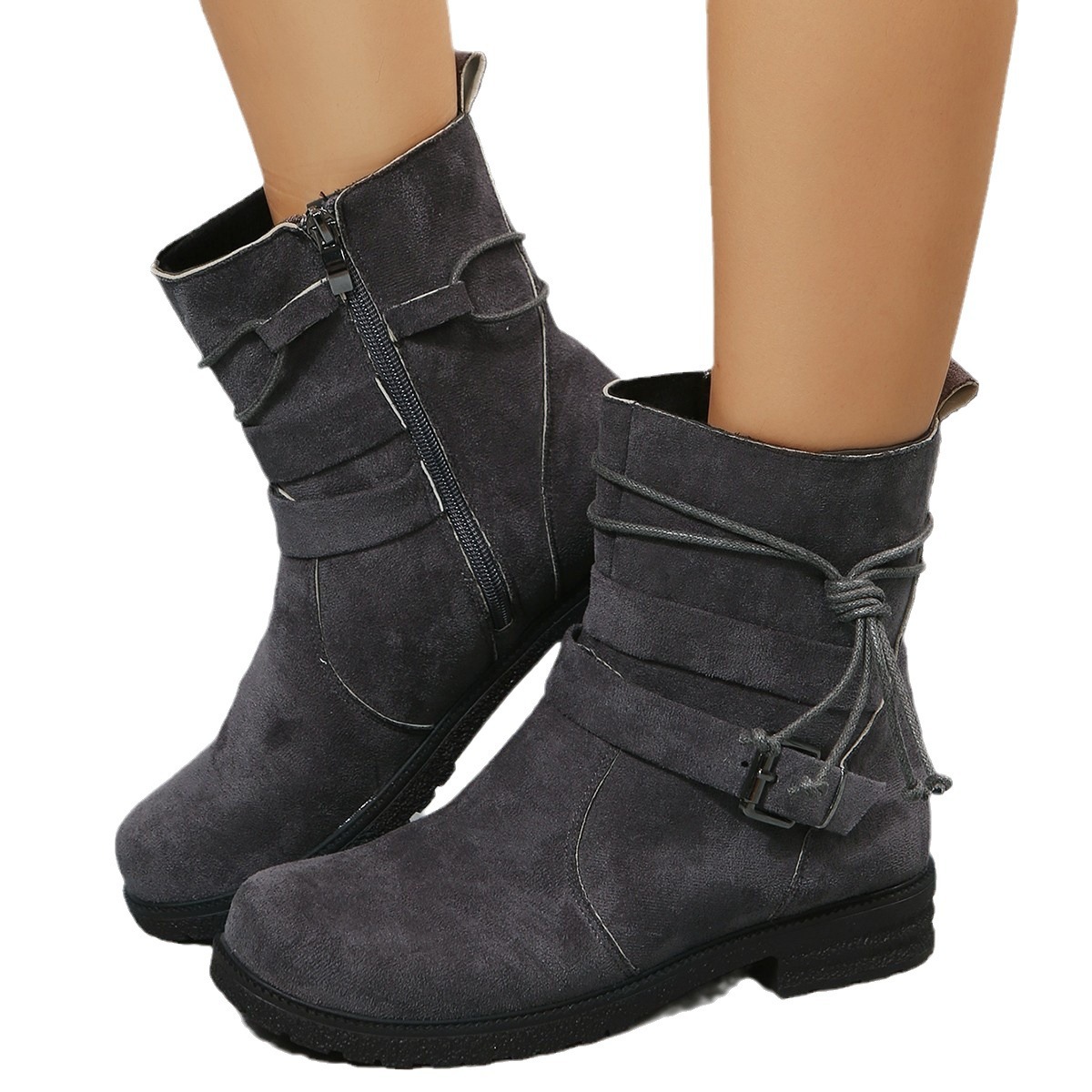 Damenschuhe, neue unabhängige Station, runder Kopf, seitlicher Reißverschluss, niedriger Absatz, große Größe, kurze Stiefel, flache Unterseite, Gürtelschnalle, Wildleder, Martin-Stiefel_voghion.com