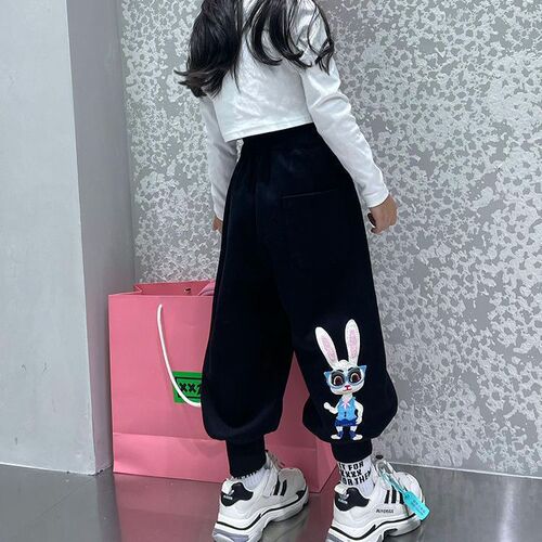 Children's new embroidered rabbit harlon pants for middle school students, casual winter wear, padded and versatile sports pants